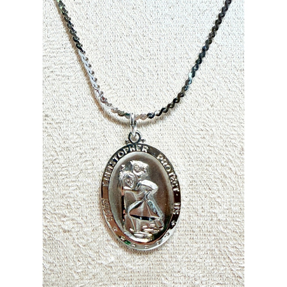 St Christopher Necklace Silver Tone 15" Flat Chain Religious Medal Pendant